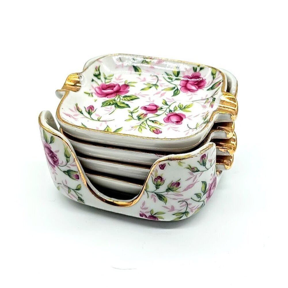 Vintage Lefton Rose Chintz Hand-Painted Floral Porcelain Nested Set